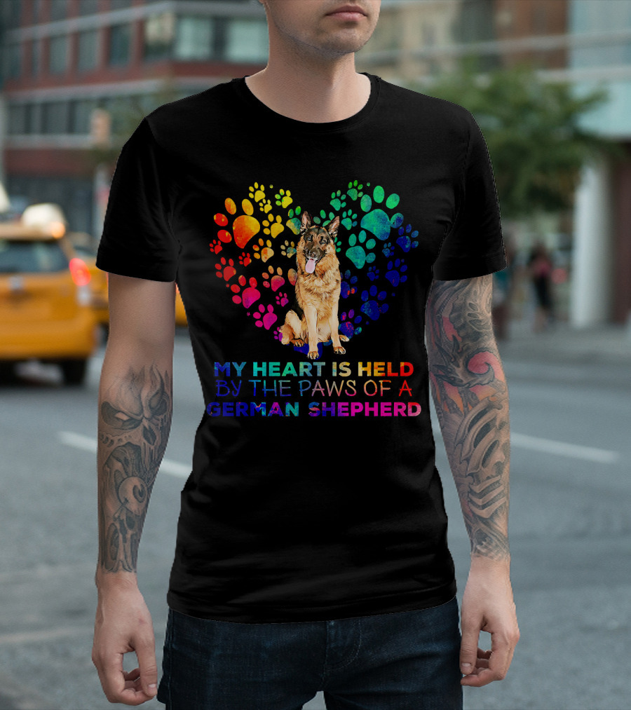 My Heart Is Held By The Paws Of A German Shepherd Rainbow Paw Print Heart T-Shirt