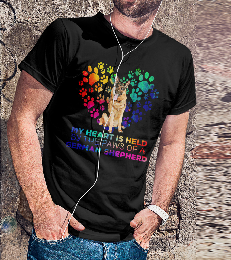 My Heart Is Held By The Paws Of A German Shepherd Rainbow Paw Print Heart T-Shirt