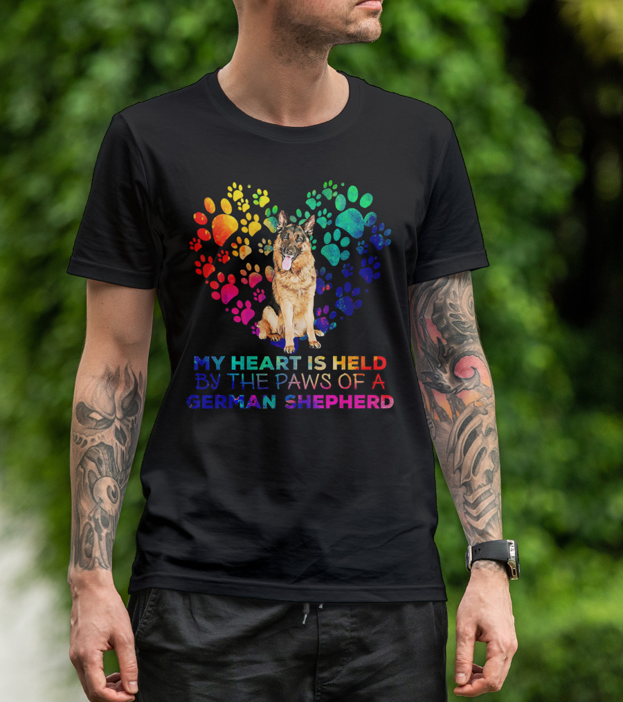 My Heart Is Held By The Paws Of A German Shepherd Rainbow Paw Print Heart T-Shirt