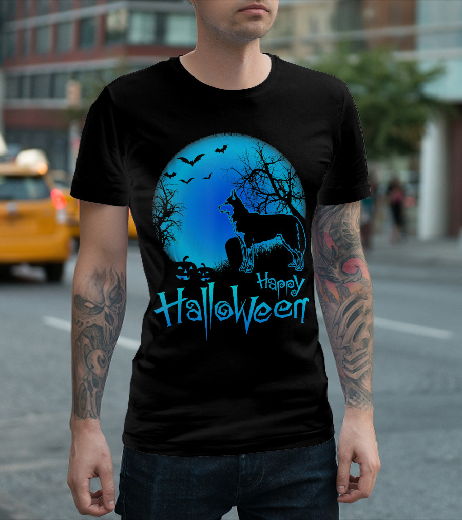 Happy Halloween Siberian Husky Moon Bats Pumpkins T-Shirt