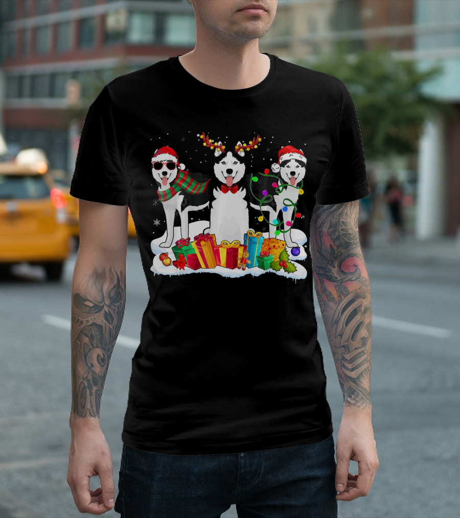 Siberian Huskies Christmas Santa Hat Reindeer Antlers Snowflakes Presents Lights Holiday Scene T-Shirt