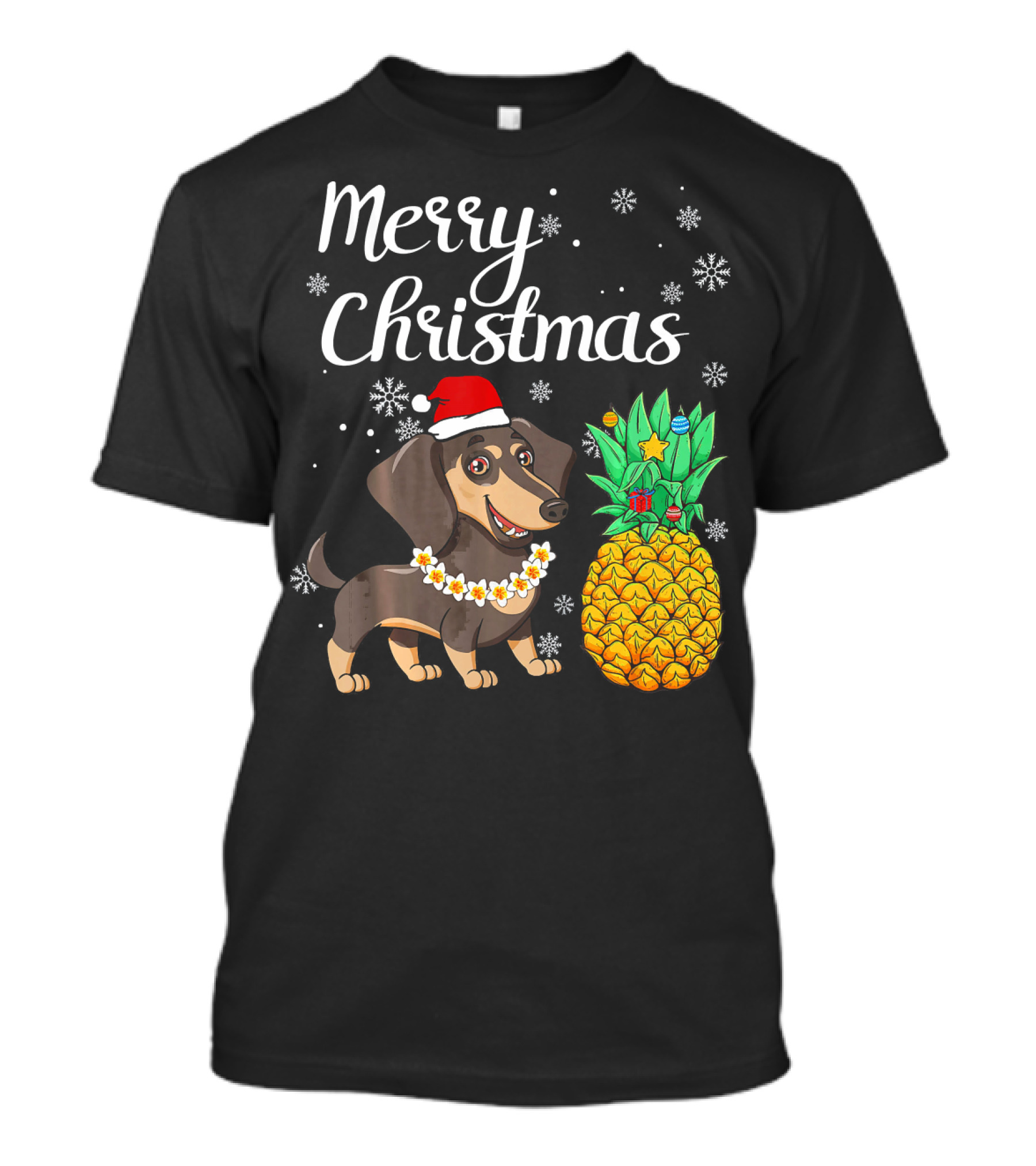 Merry Christmas Dachshund Santa Hat Pineapple Snowflakes T-Shirt