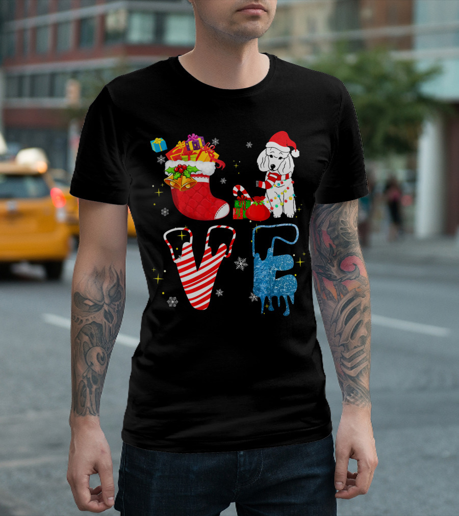 Poodle Love Merry Christmas Stocking Gifts Santa Hat Dog T-Shirt