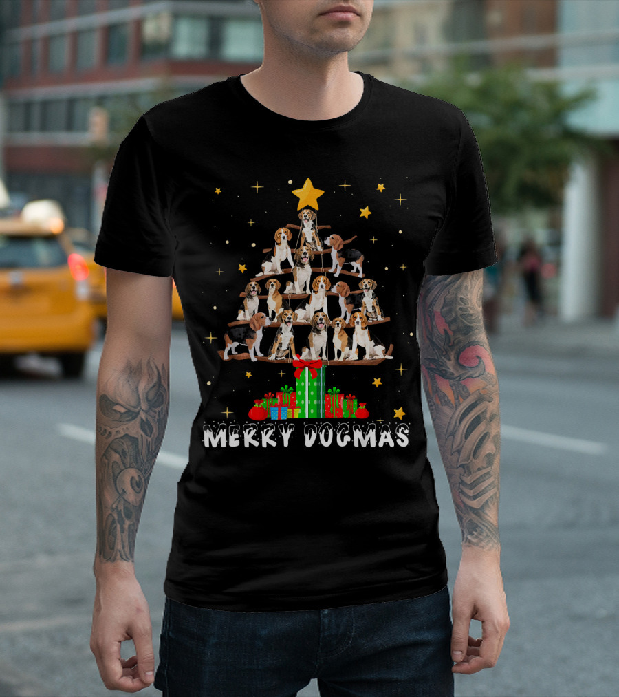 Merry Dogmas Beagle Dog Christmas Tree with Presents and Stars T-Shirt
