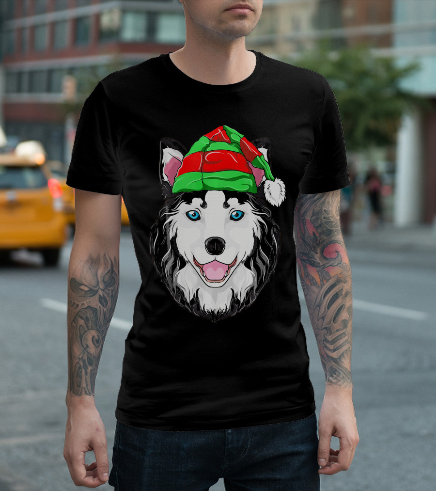 Siberian Husky Wearing Festive Christmas Elf Hat T-Shirt