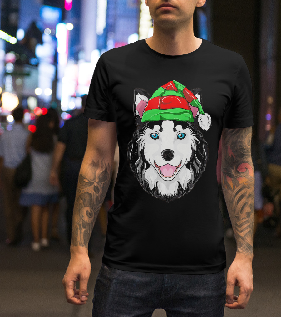 Siberian Husky Wearing Festive Christmas Elf Hat T-Shirt