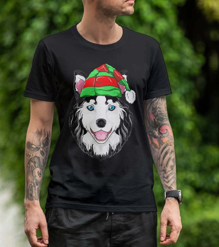 Siberian Husky Wearing Festive Christmas Elf Hat T-Shirt