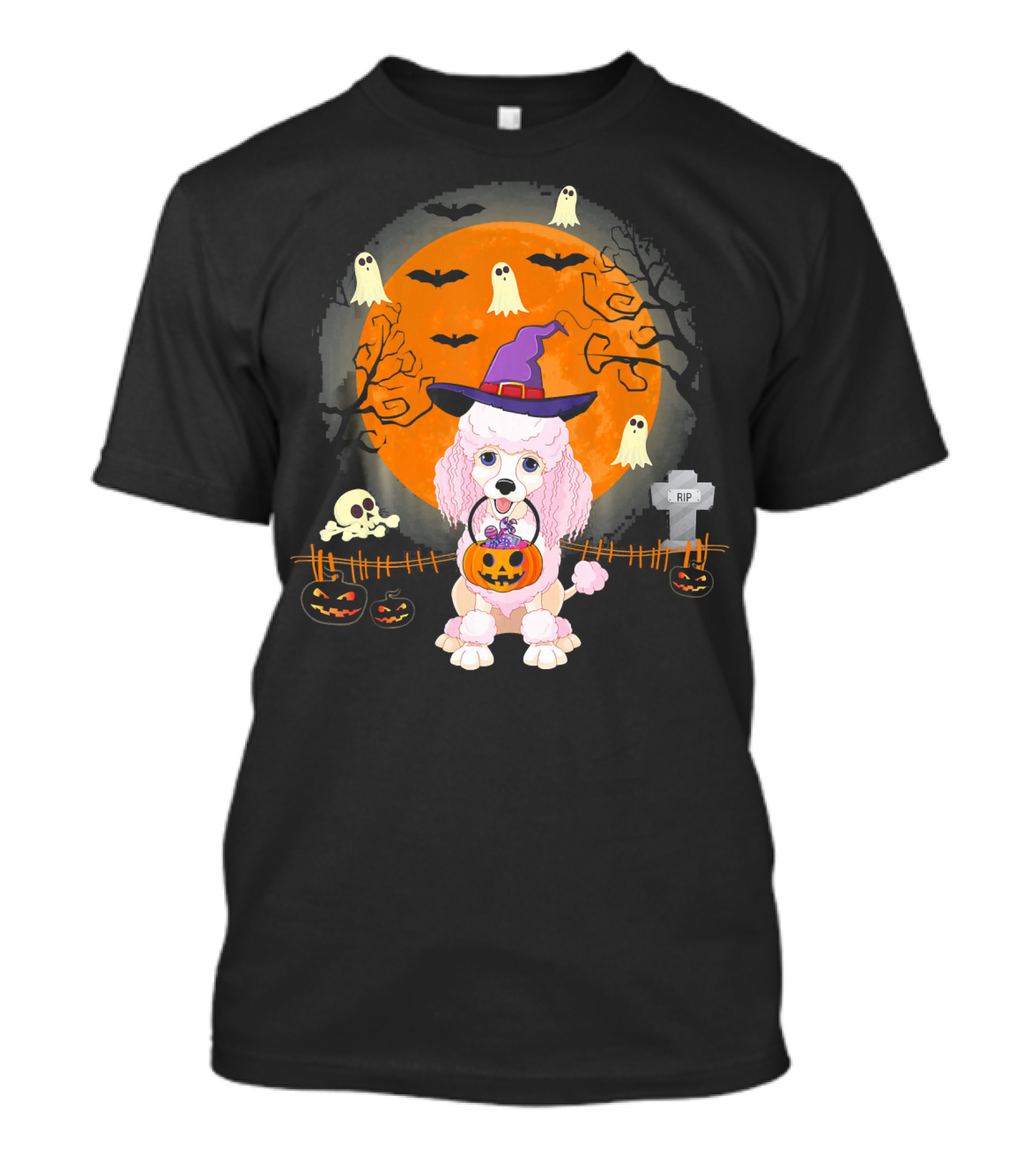 Poodle Witch With Pumpkin Under Halloween Moon With Ghosts And Bats T-Shirt