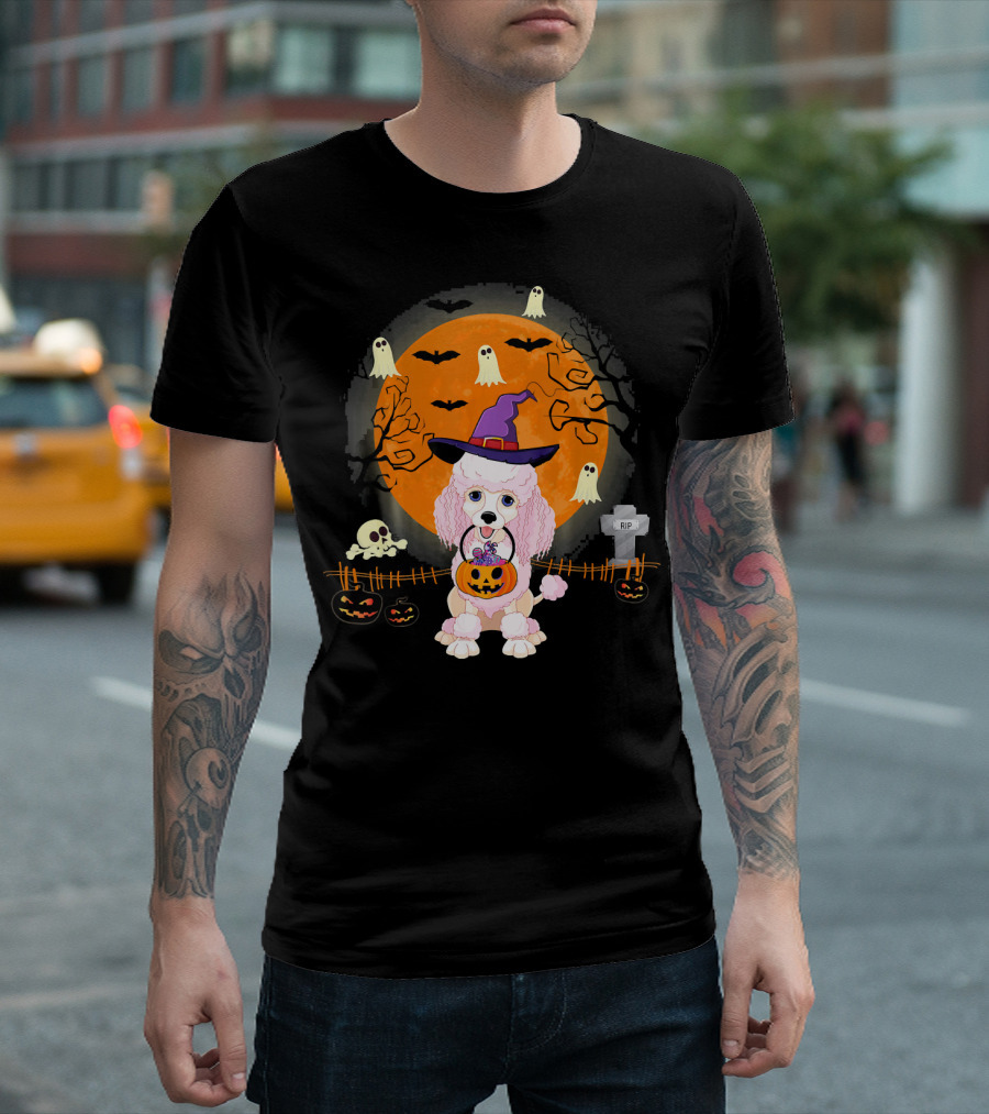 Poodle Witch With Pumpkin Under Halloween Moon With Ghosts And Bats T-Shirt