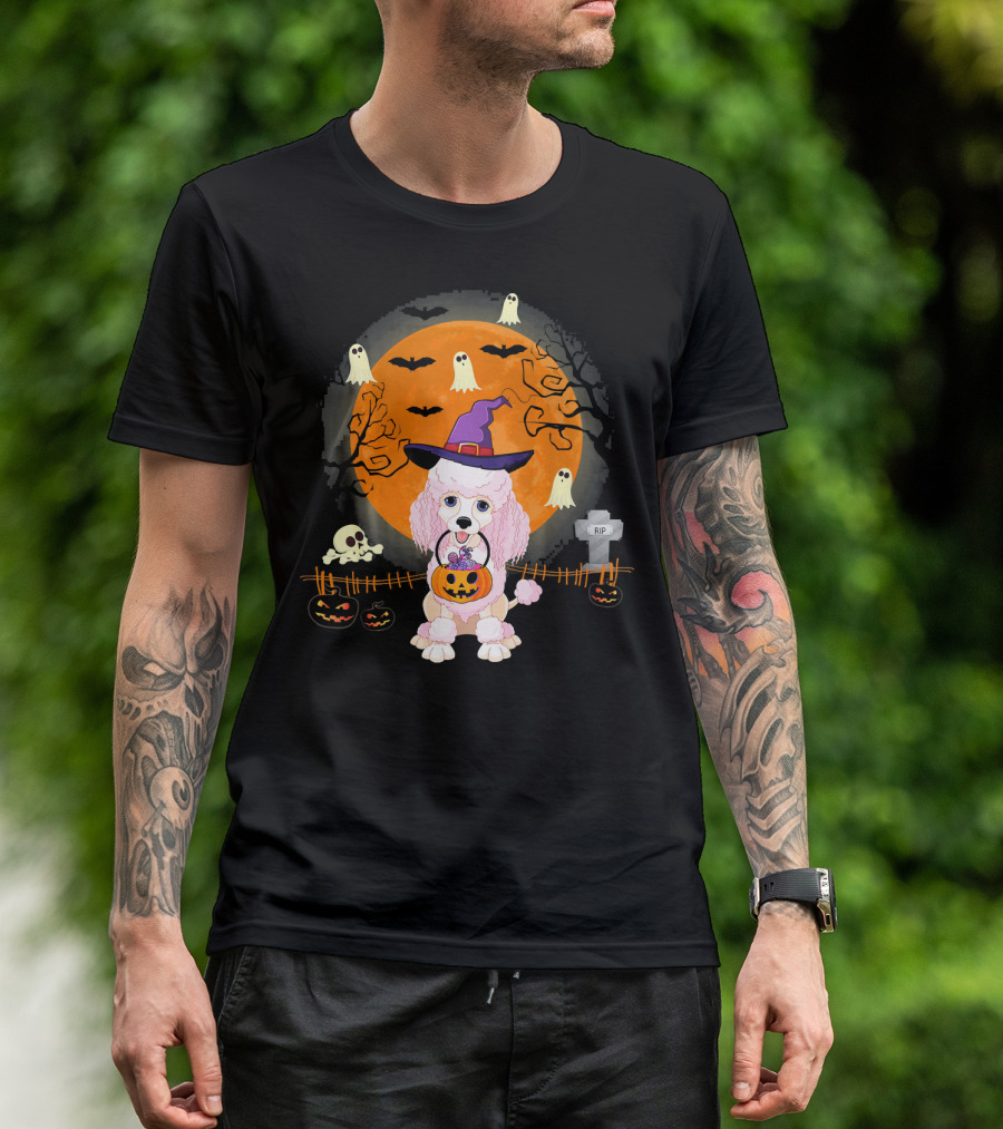 Poodle Witch With Pumpkin Under Halloween Moon With Ghosts And Bats T-Shirt