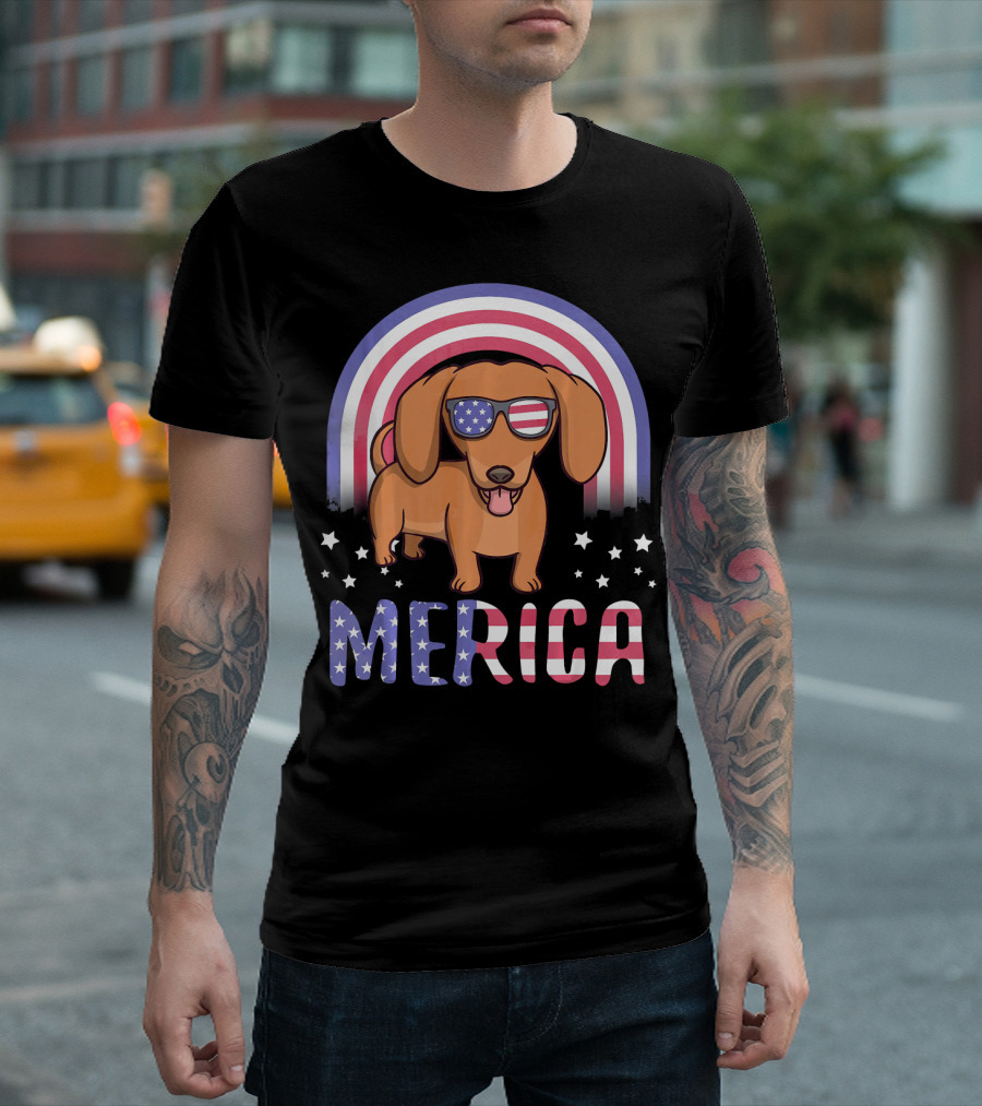 Merica Dachshund Dog American Flag Sunglasses USA Patriotic Stars T-Shirt