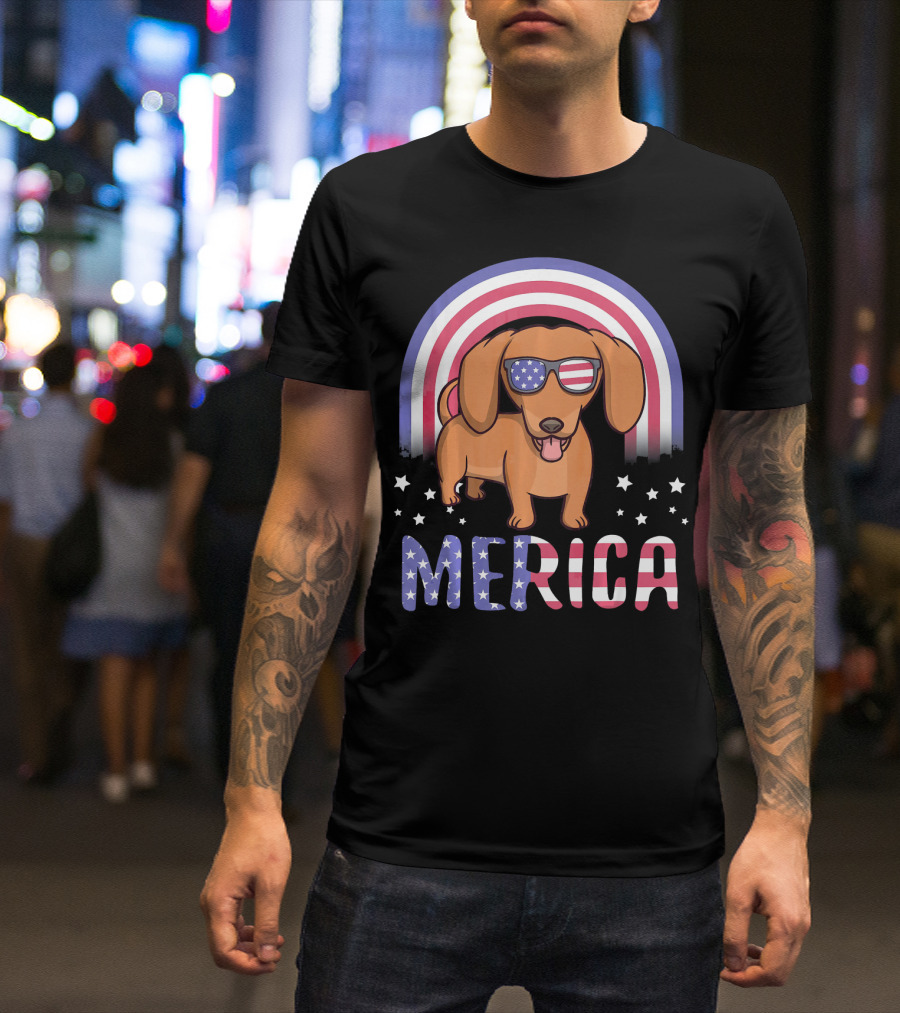 Merica Dachshund Dog American Flag Sunglasses USA Patriotic Stars T-Shirt