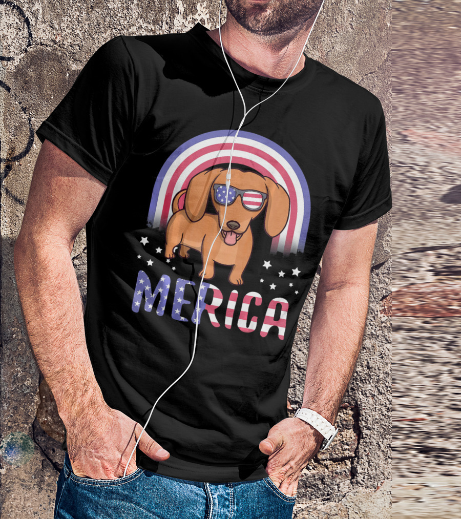 Merica Dachshund Dog American Flag Sunglasses USA Patriotic Stars T-Shirt