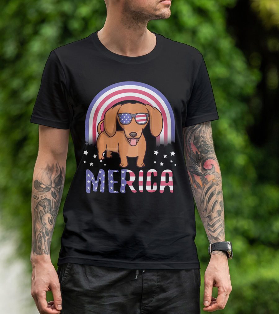 Merica Dachshund Dog American Flag Sunglasses USA Patriotic Stars T-Shirt
