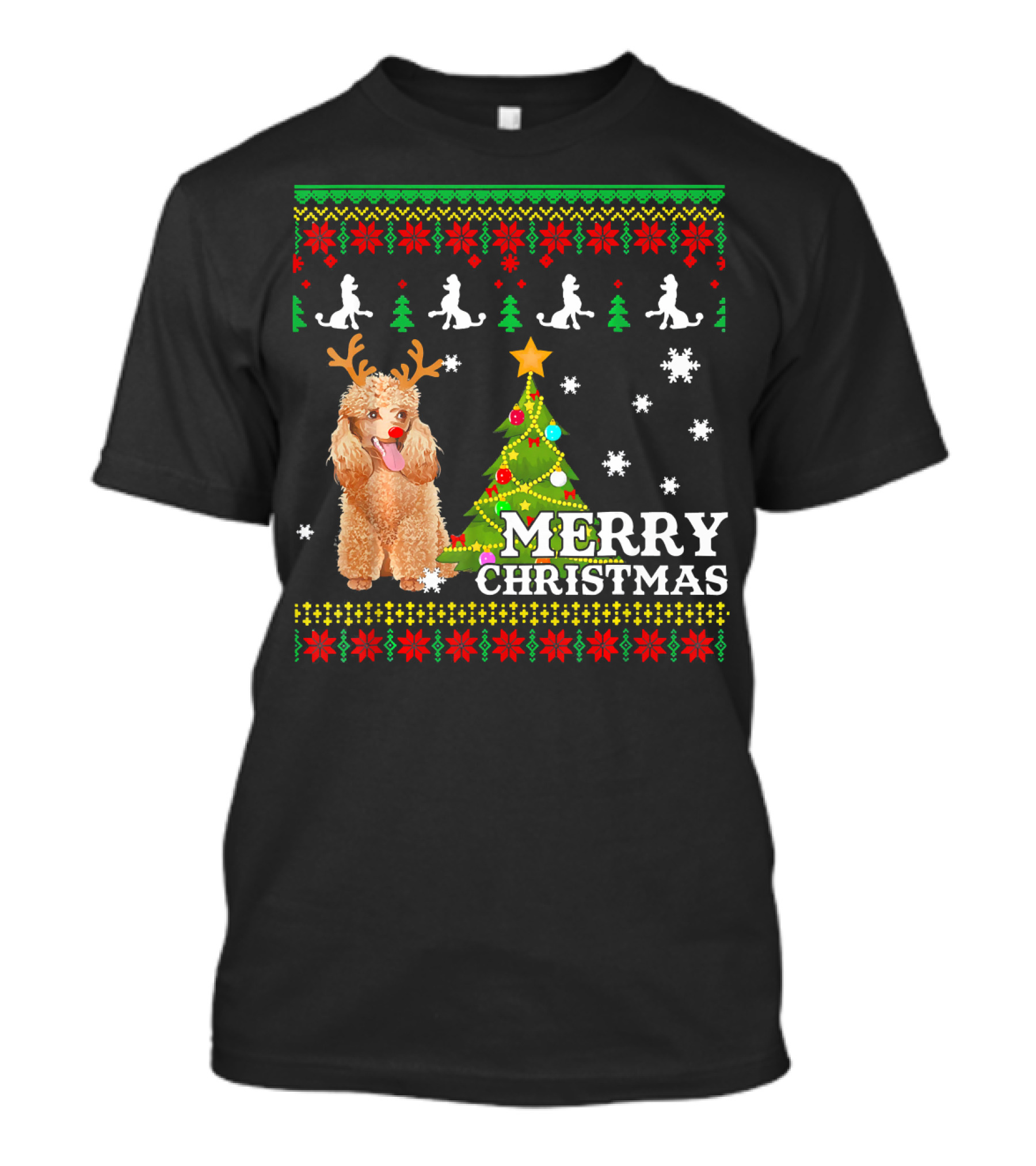 Merry Christmas Poodle Antlers With Tree And Snowflakes T-Shirt