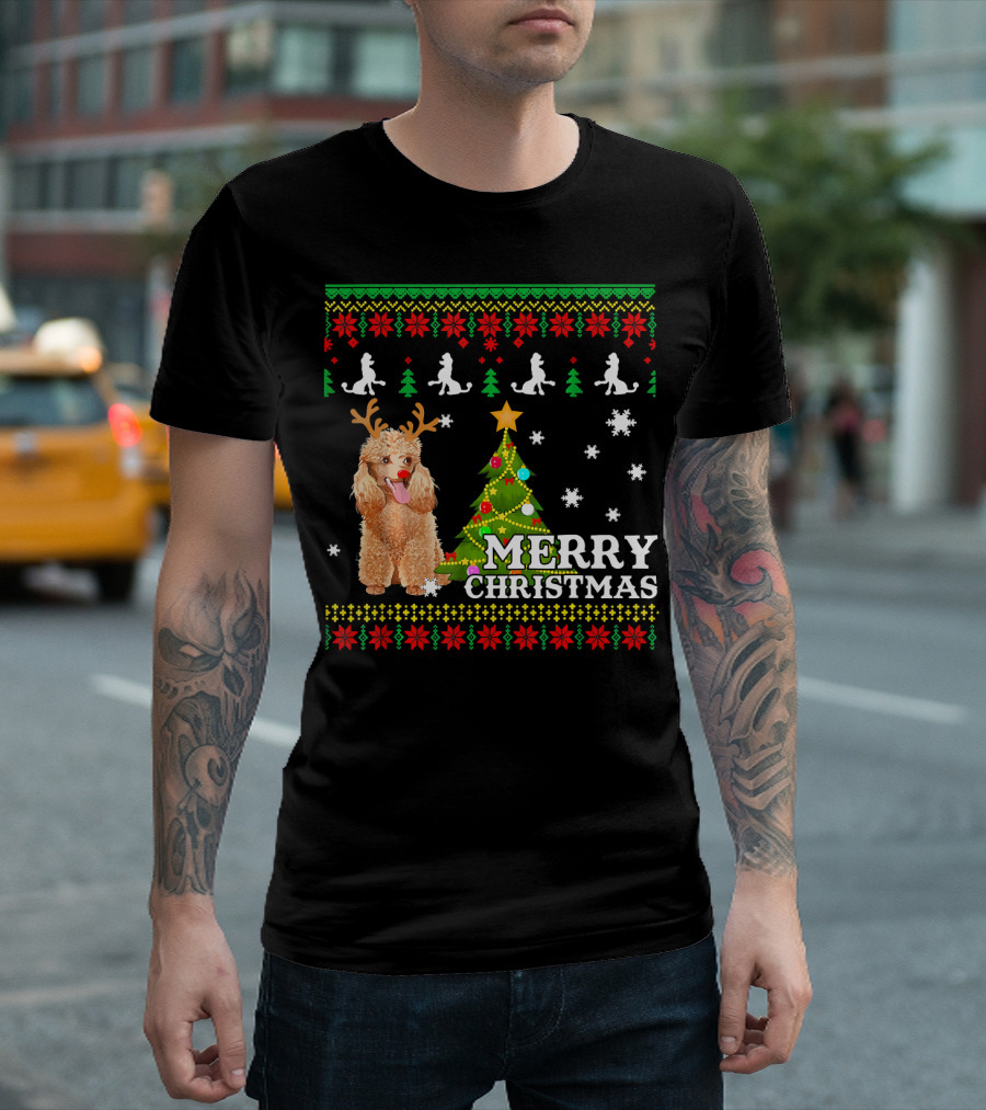 Merry Christmas Poodle Antlers With Tree And Snowflakes T-Shirt