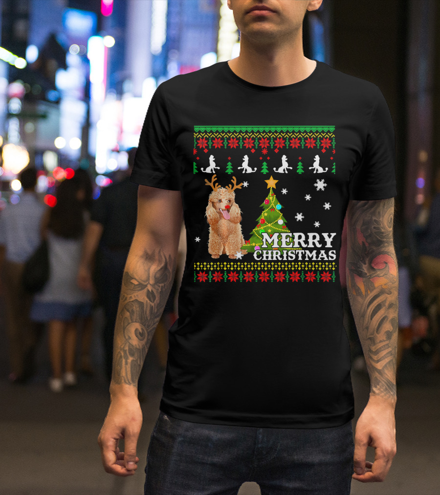 Merry Christmas Poodle Antlers With Tree And Snowflakes T-Shirt
