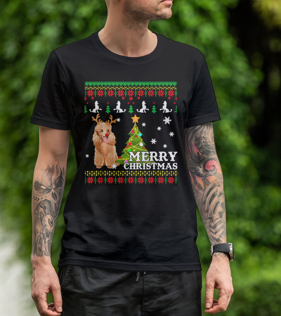 Merry Christmas Poodle Antlers With Tree And Snowflakes T-Shirt