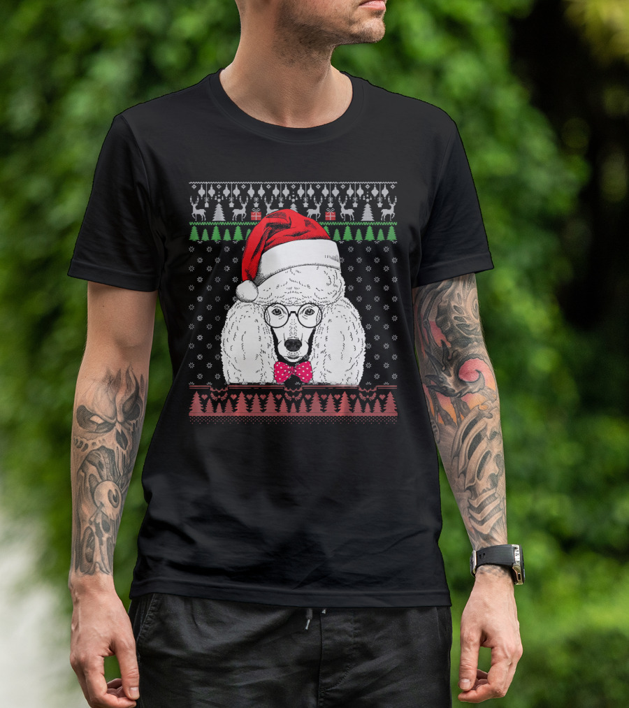 Poodle Dog Wearing Santa Hat With Glasses And Snowflakes T-Shirt