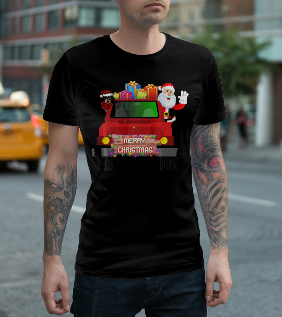 Merry Christmas Funny Dachshund and Santa on Red Truck with Presents T-Shirt