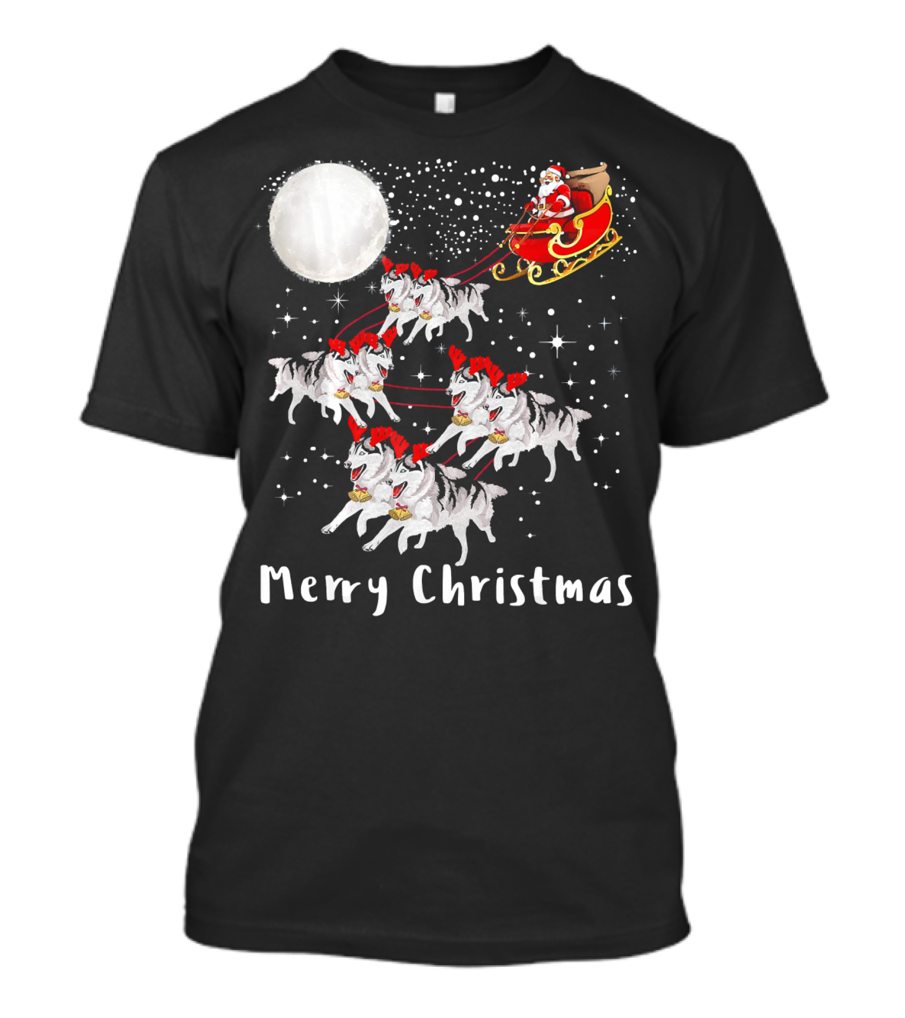 Merry Christmas Santa Sleigh With Huskies And Moon T-Shirt