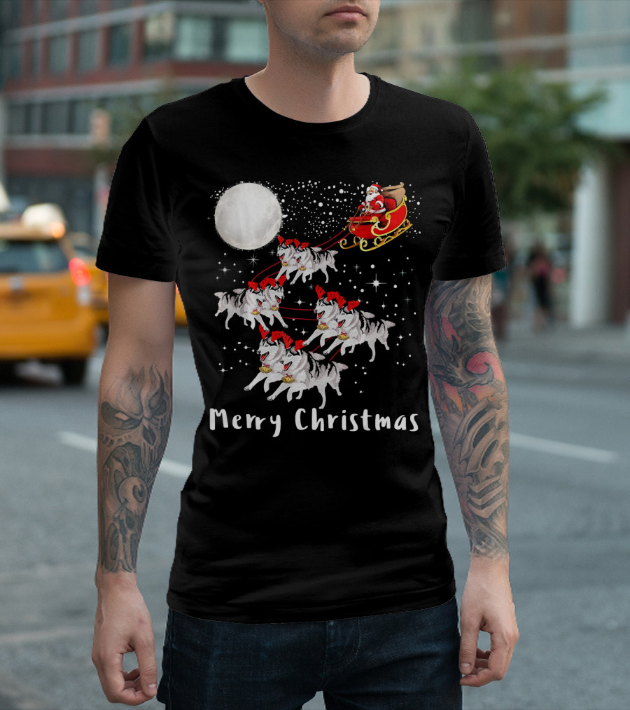 Merry Christmas Santa Sleigh With Huskies And Moon T-Shirt