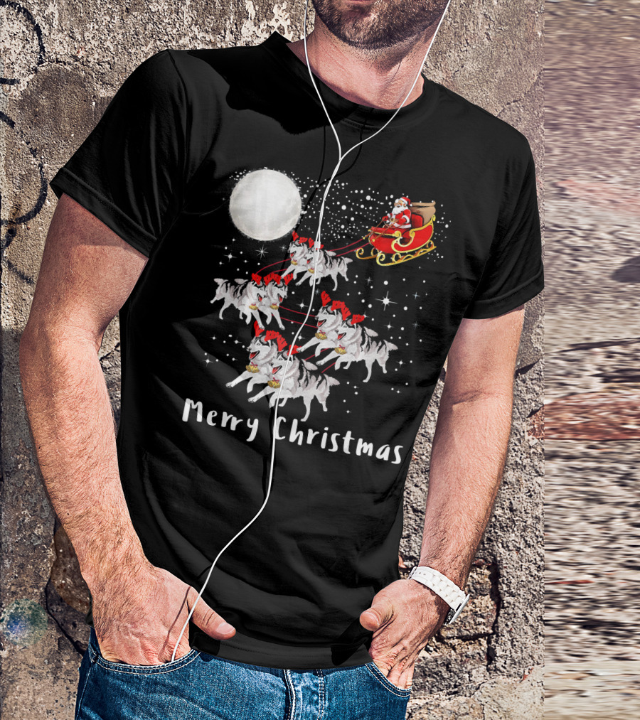 Merry Christmas Santa Sleigh With Huskies And Moon T-Shirt