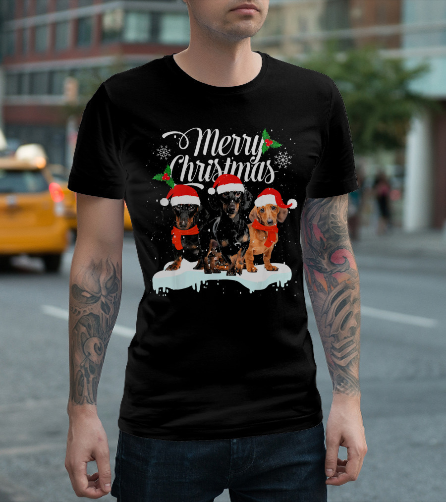 Merry Christmas Dachshund Dog Owner Pupp Trio in Santa Hats and Scarves T-Shirt