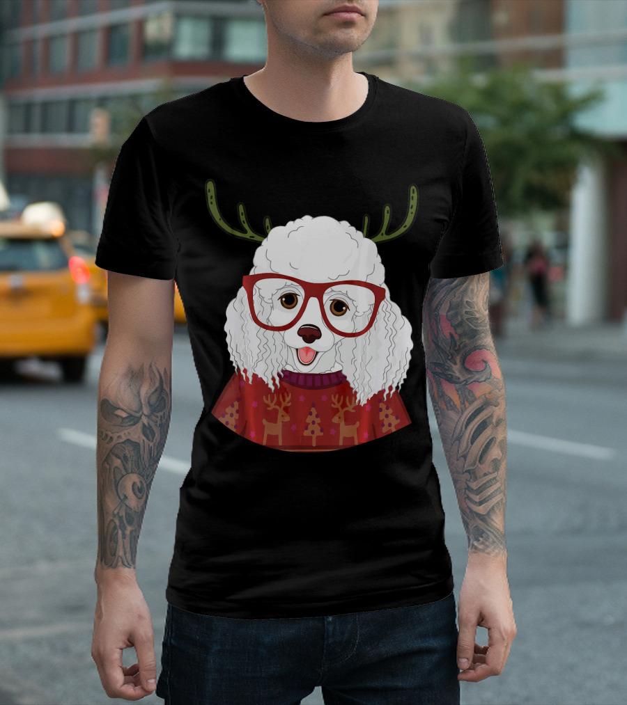 Reindeer Antlers Poodle Dog with Red Glasses and Christmas T-Shirt