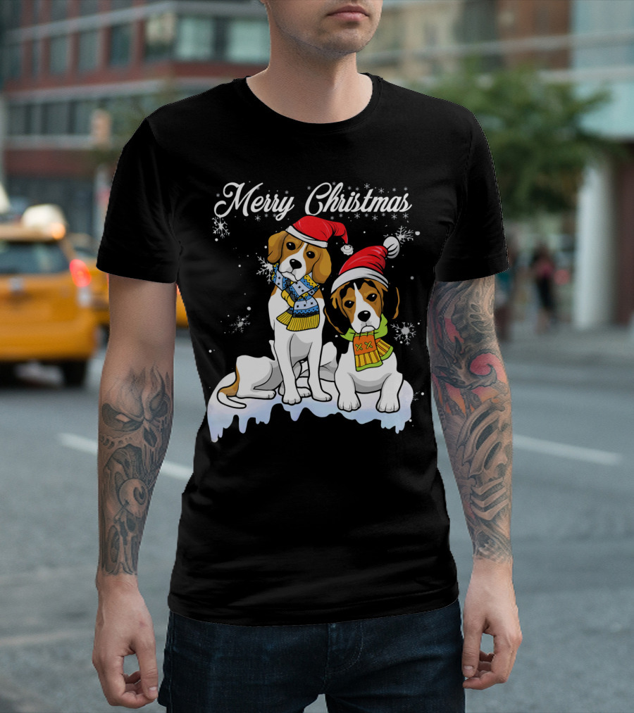 Merry Christmas Santa Hat Beagle Dog Snowflake Fun T-Shirt