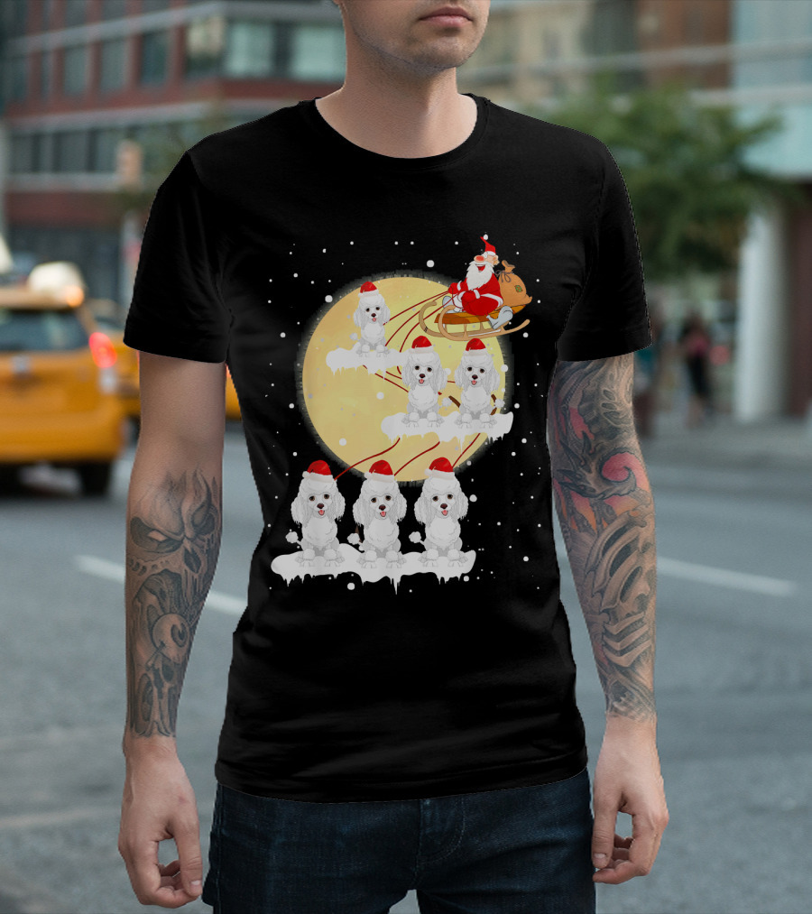 Poodle Reindeer Christmas Santa Sleigh Moon Funny T-Shirt