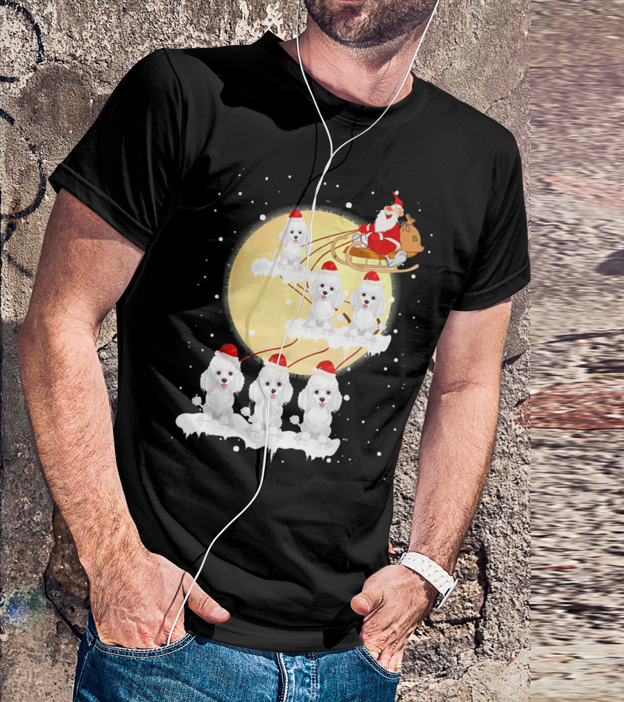 Poodle Reindeer Christmas Santa Sleigh Moon Funny T-Shirt