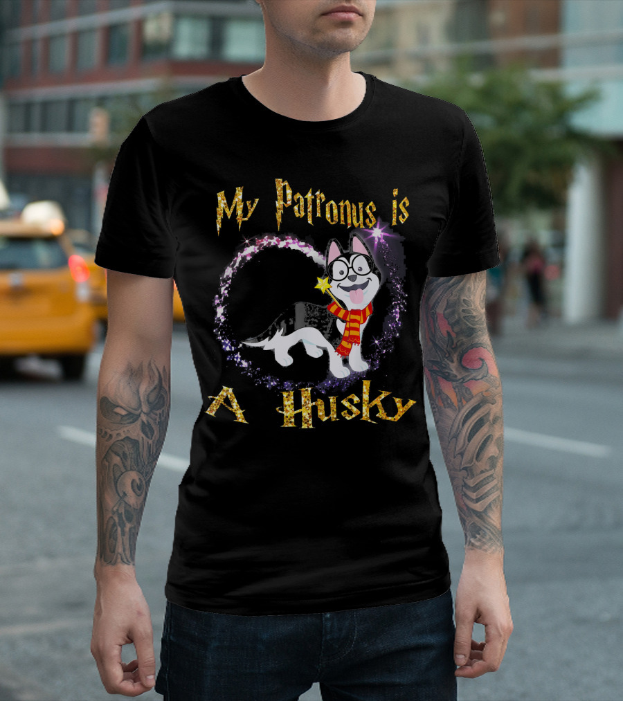 My Patronus Is a Husky in Glasses with Red and Gold Scarf Magic Dog T-Shirt