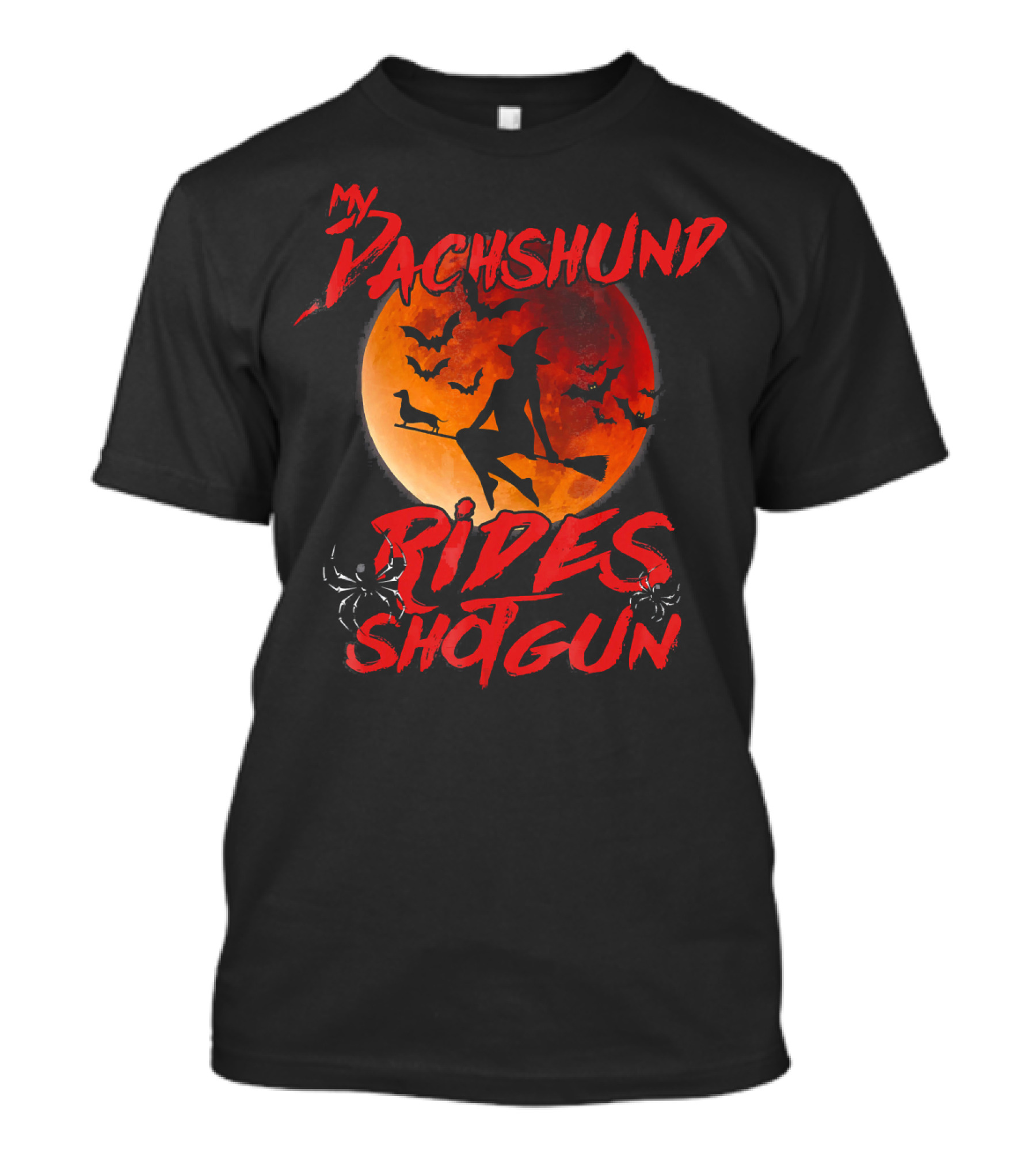 My Dachshund Rides Shotgun Witch On Broom Silhouette With Full Moon And Bats T-Shirt