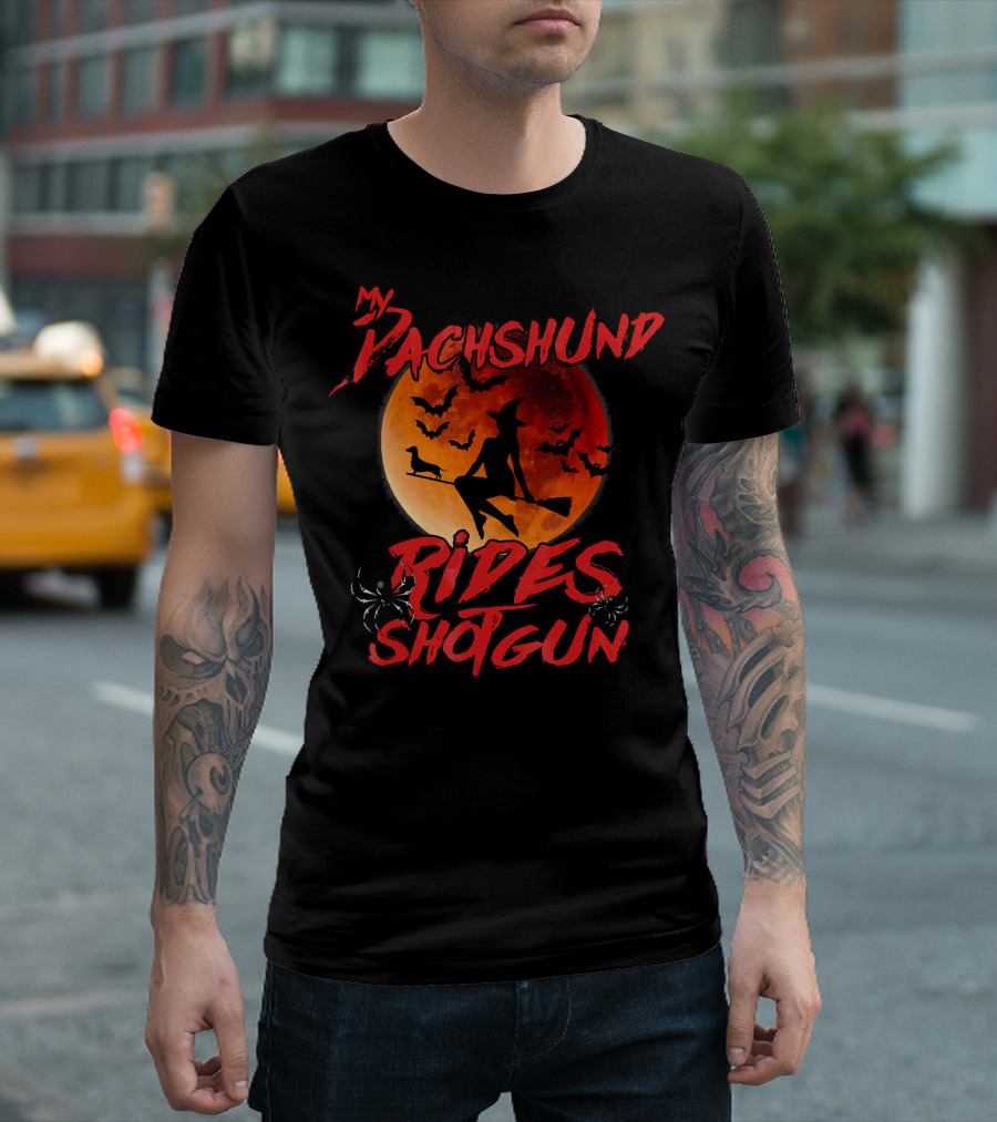 My Dachshund Rides Shotgun Witch On Broom Silhouette With Full Moon And Bats T-Shirt