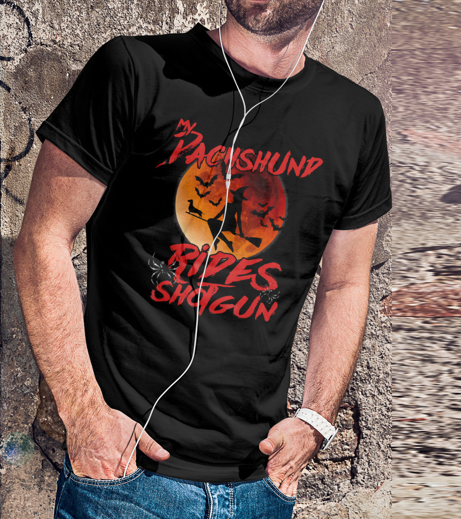 My Dachshund Rides Shotgun Witch On Broom Silhouette With Full Moon And Bats T-Shirt