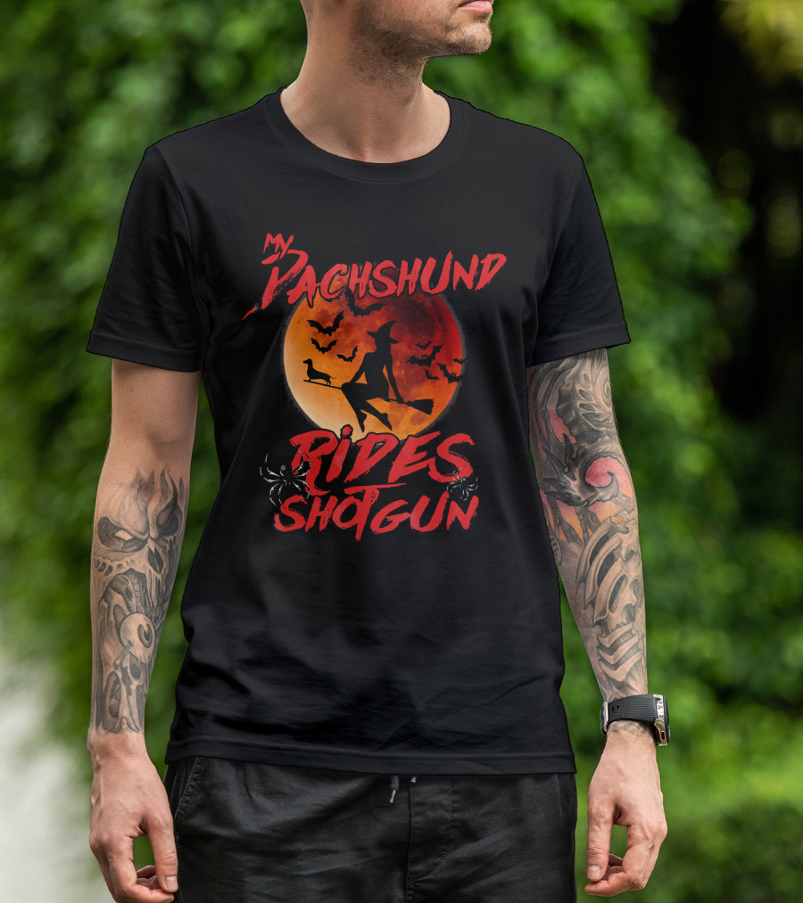 My Dachshund Rides Shotgun Witch On Broom Silhouette With Full Moon And Bats T-Shirt