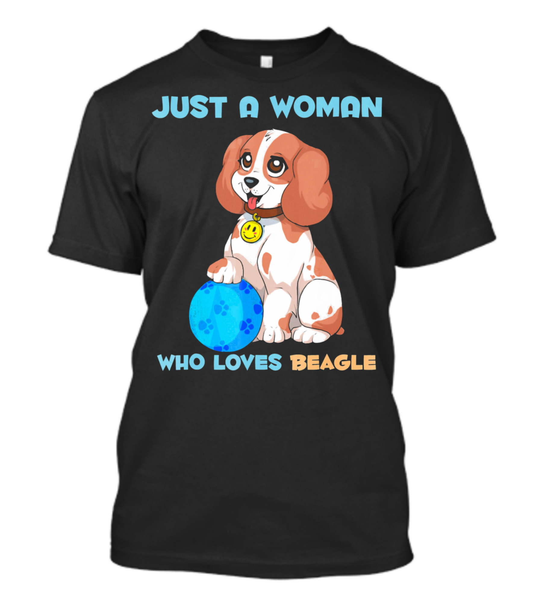 JUST A WOMAN WHO LOVES BEAGLE WITH CUTE CARTOON BEAGLE AND BLUE BALL T-Shirt