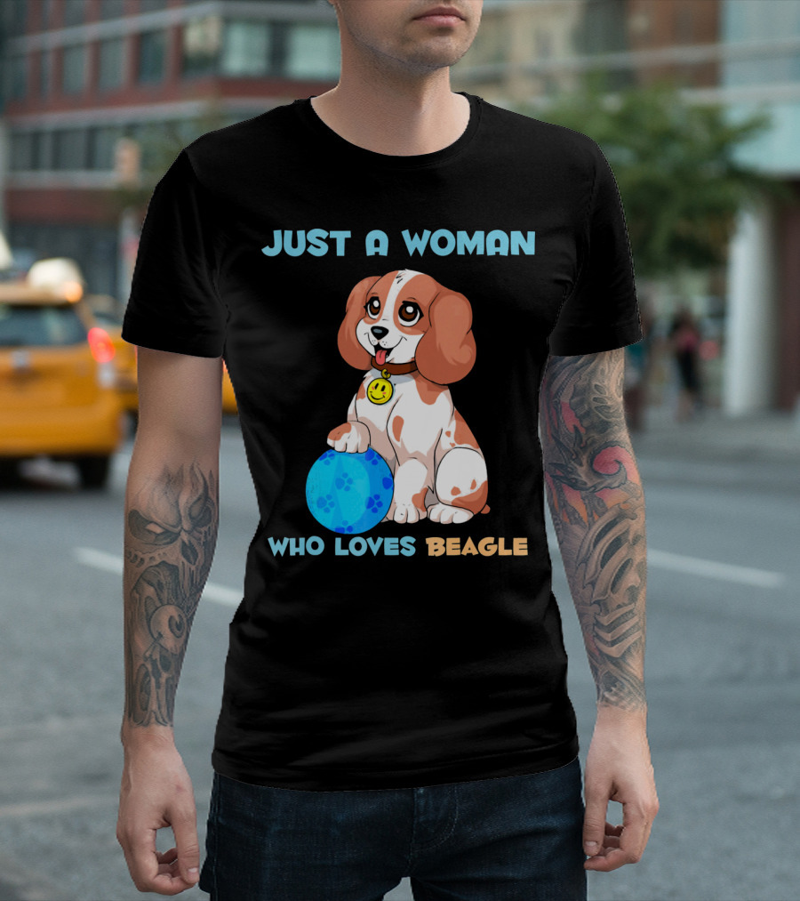 JUST A WOMAN WHO LOVES BEAGLE WITH CUTE CARTOON BEAGLE AND BLUE BALL T-Shirt