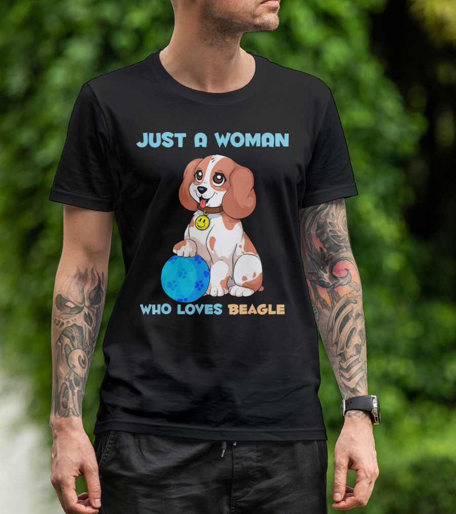 JUST A WOMAN WHO LOVES BEAGLE WITH CUTE CARTOON BEAGLE AND BLUE BALL T-Shirt