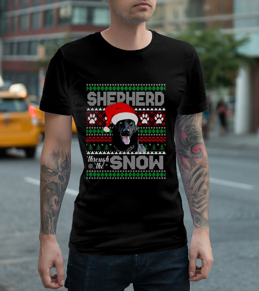 Shepherd Through The Snow German Shepherd With Santa Hat And Festive T-Shirt