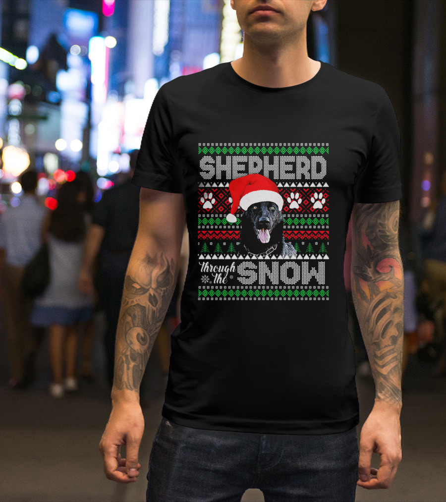 Shepherd Through The Snow German Shepherd With Santa Hat And Festive T-Shirt