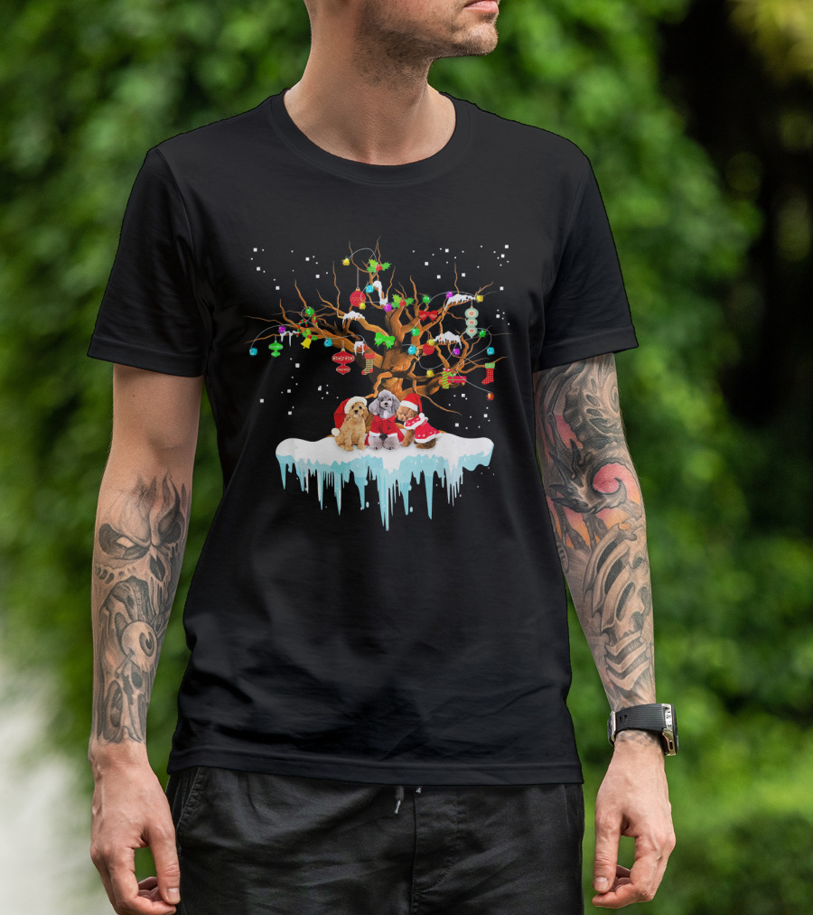 Poodle Santa Hat Christmas Tree Snow Love Festive Dogs Winter Scene T-Shirt