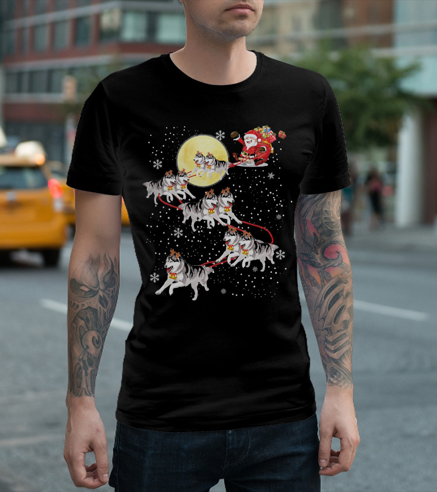 Santa Sleigh Husky Moon Flight T-Shirt