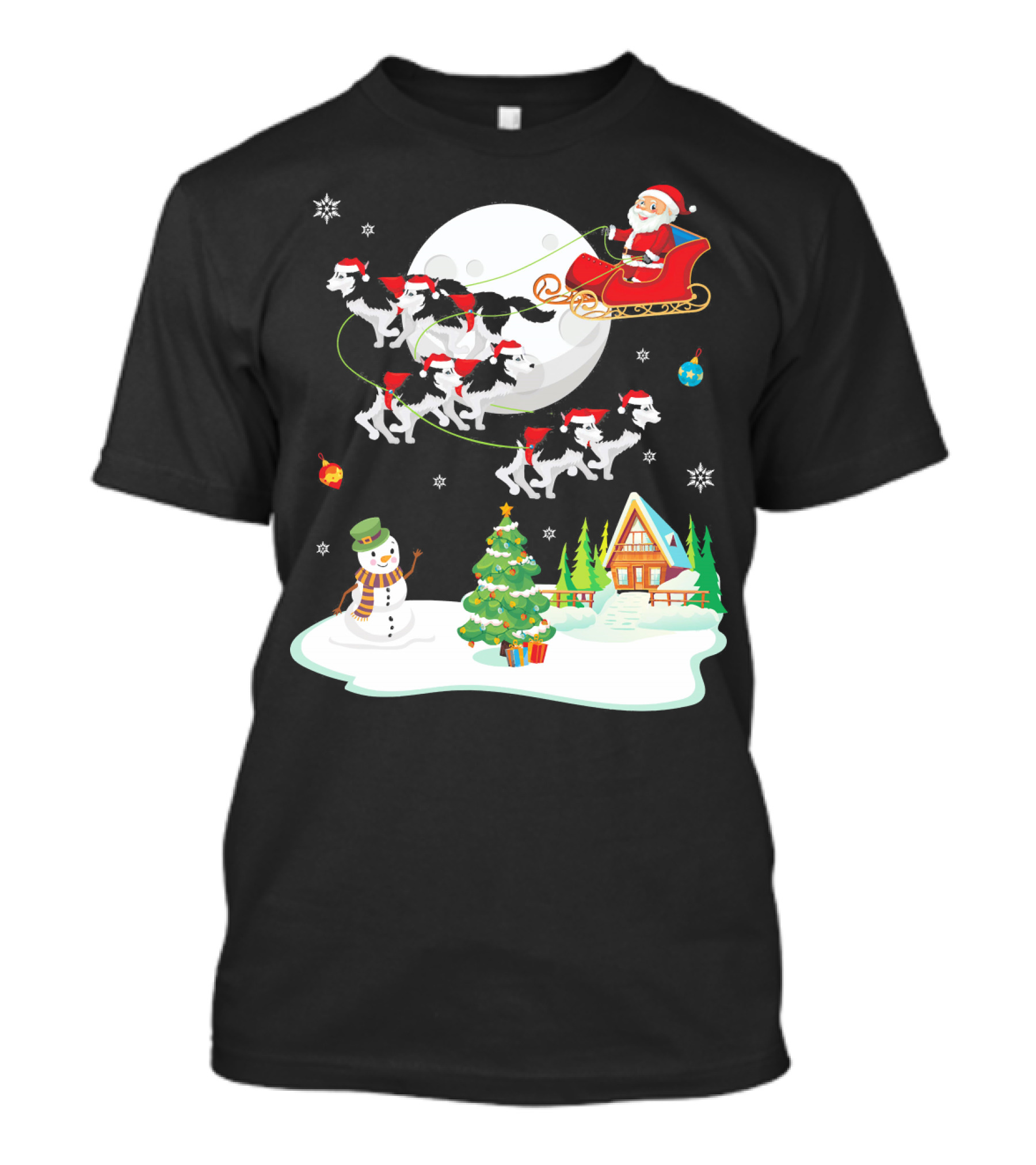 Santa Claus Sleigh Ride With Husky Dogs Over Snowman And Christmas Tree Scene T-Shirt