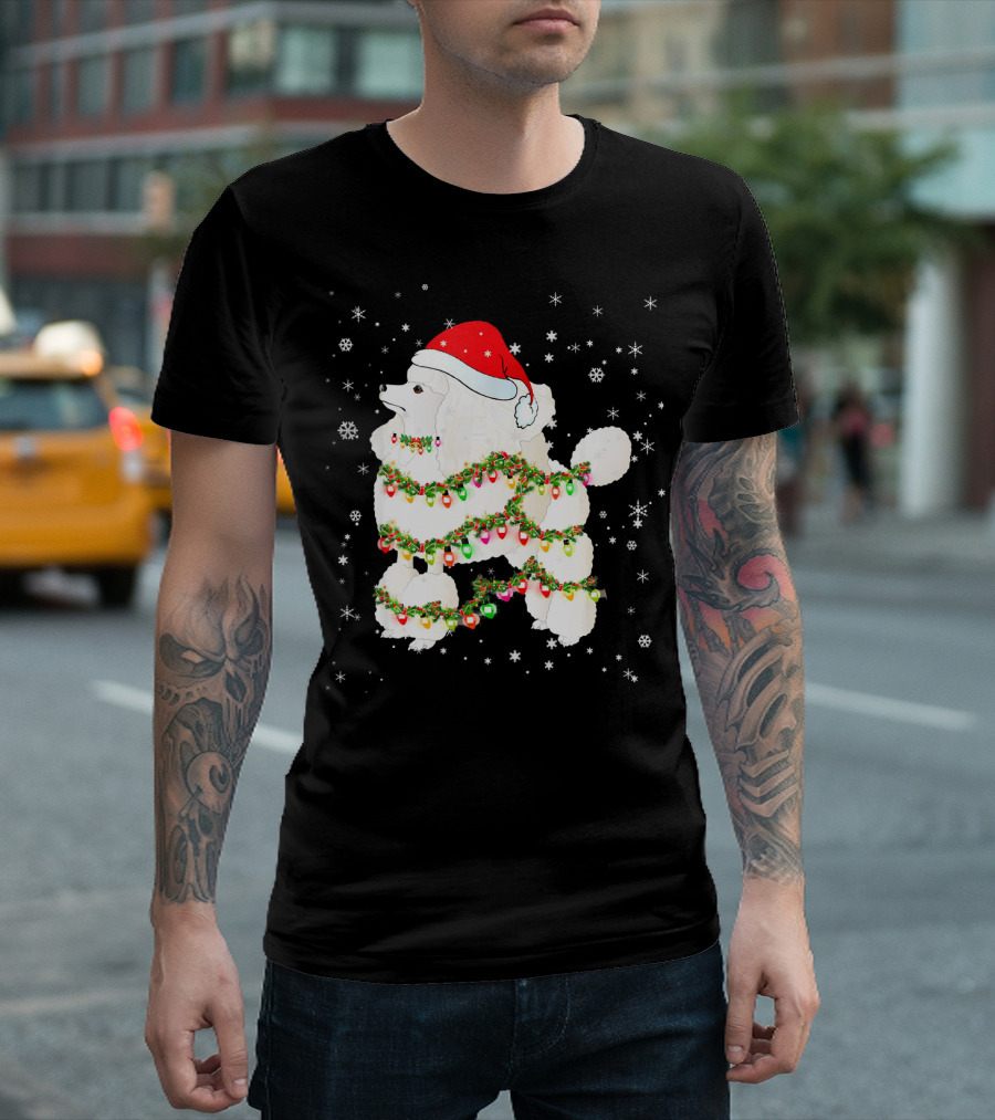 Poodle Dog Christmas Lights Santa Hat Snowflakes T-Shirt
