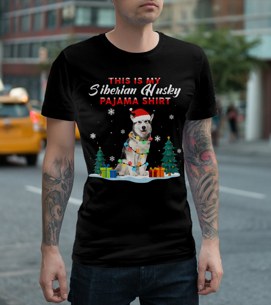 This Is My Siberian Husky Pajama Shirt Christmas Lights Holiday Scene T-Shirt