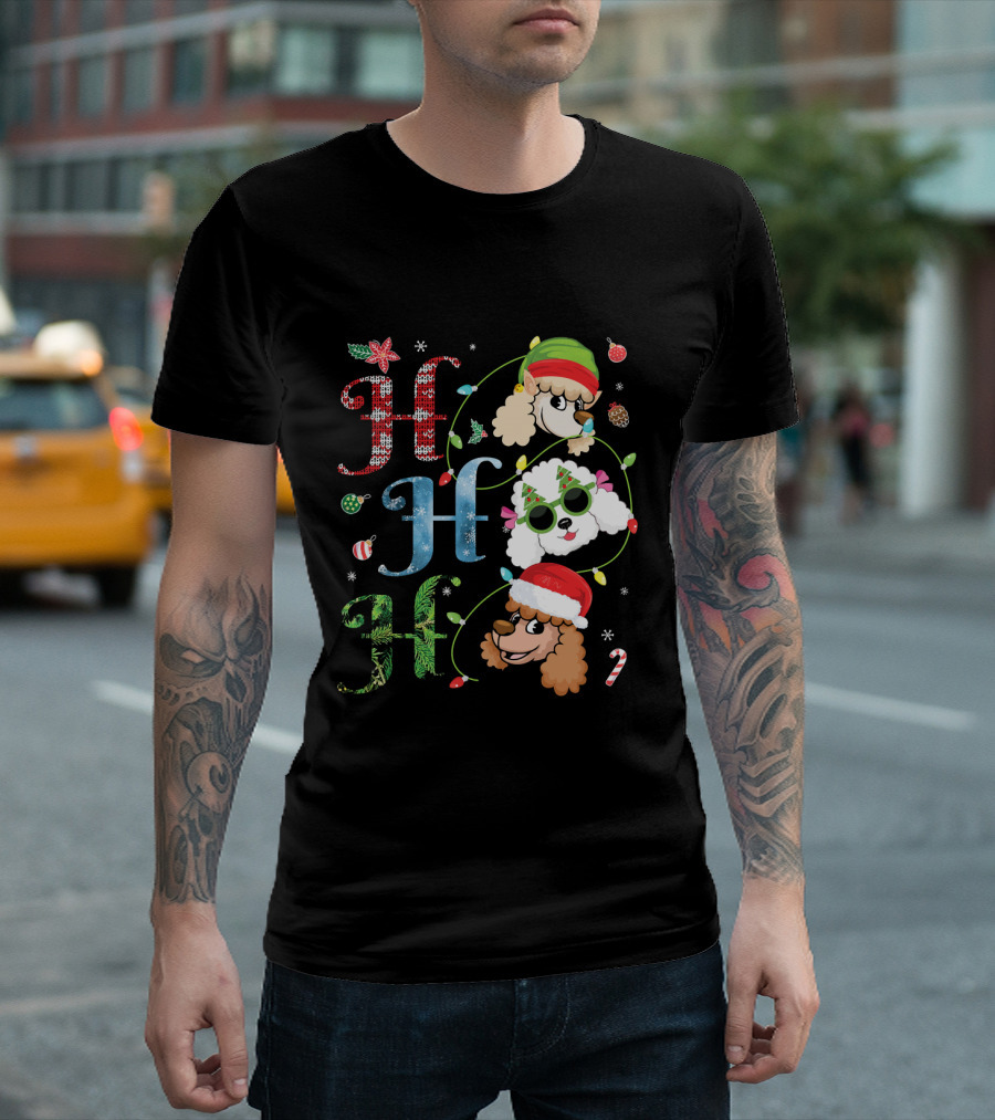 Ho Ho Ho Poodle With Elf Santa Claus Reindeer Christmas T-Shirt