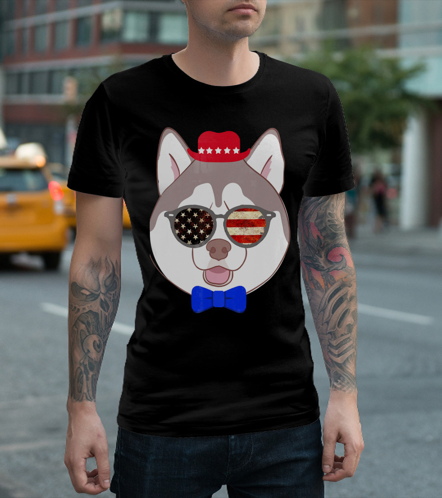 Patriotic Siberian Husky Hipster Dog USA Stars Stripes Hat Sunglasses Bow Tie T-Shirt