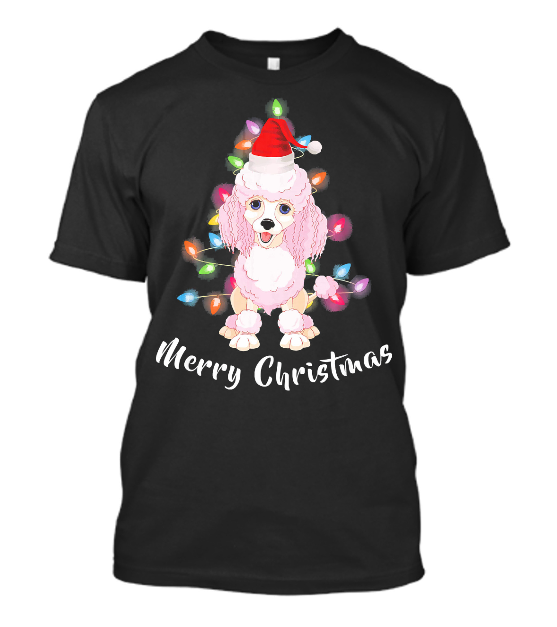 Merry Christmas Poodle Santa With Colorful Holiday Lights T-Shirt